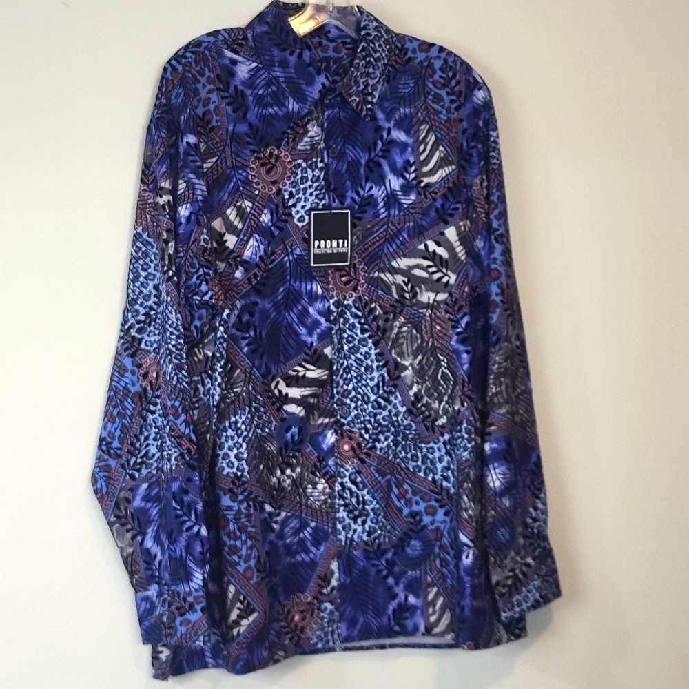PRONTI COLLECTION by PHITA Blue Abstract & Black Velvet Detail Button Down Shirt